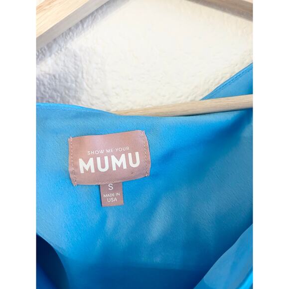 Show Me Your Mumu Jodie Dress in Azure Blue Luxe Satin S NWT - Picture 7 of 9